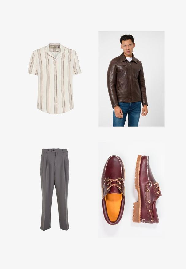 Braune Lederjacke mit geradem Schnitt, Reißverschlusstaschen und Kragen, kombiniert mit blauen Jeans. Glatte Textur und strukturiertes Design.; Kurzärmliges Hemd mit Knopfleiste in hellem Creme mit vertikalen braunen und gedämpften gelben Streifen. Weicher Stoff mit entspannter Passform und Kragen.; Graue, plissierte Hose aus glattem Stoff, mit geradem Schnitt, einem Knopfverschluss und Gürtelschlaufen. Minimalistisches Design.; Bordeauxfarbene Lederschuhe mit braunen Gummisohlen, runder Zehenform, weißen Nähten und goldenen Ösen. Das Innenfutter weist eine gelbe Beschichtung auf.