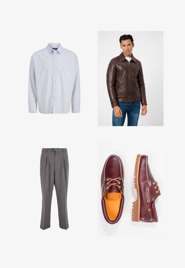 Bruine leren jas met een rechte snit, ritssluitingen in de zakken en een kraag, gecombineerd met blauwe jeans. Gladde textuur en gestructureerd ontwerp.; Wit overhemd met lange mouwen en dunne verticale rode strepen, voorzien van een borstzak, kraag en knoopmanchetten.; Grijze geplooide broek van gladde stof, met een rechte snit, een enkele knoopsluiting en riemlussen. Minimalistisch ontwerp.; Bordeaux leren schoenen met bruine rubberen zolen, ronde neus, witte stiksels en gouden veterogen. Het interieur heeft een gele voering.