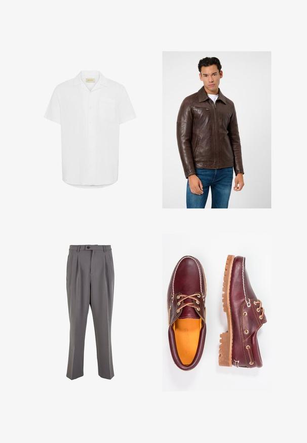 Giacca in pelle marrone con taglio dritto, tasche con zip e colletto, abbinata a jeans blu. Texture liscia e design strutturato.; Camicetta bianca a maniche corte, realizzata in tessuto leggero, con una sola tasca sul petto e un design a taglio rilassato.; Pantaloni grigi plissettati in tessuto liscio, con taglio dritto, chiusura con un bottone e passanti per cintura. Design minimalista.; Scarpe in pelle bordeaux con suole in gomma marrone, punta rotonda, cuciture bianche e occhielli dorati. L'interno presenta un rivestimento giallo.