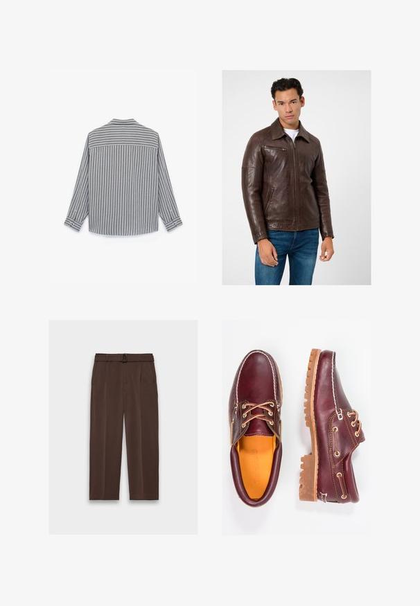 Braune Lederjacke mit geradem Schnitt, Reißverschlusstaschen und Kragen, kombiniert mit blauen Jeans. Glatte Textur und strukturiertes Design.; Graues und weiß gestreiftes Langarmhemd mit geradem Saum, Knopfmanschetten und Kragen, aus einem strukturierten Stoff gefertigt.; Braune Hosen mit einem Gürtel, hoher Taille, gefaltetem Vorderteil und seitlichen Taschen; aus glattem, strukturiertem Stoff gefertigt.; Bordeauxfarbene Lederschuhe mit braunen Gummisohlen, runder Zehenform, weißen Nähten und goldenen Ösen. Das Innenfutter weist eine gelbe Beschichtung auf.