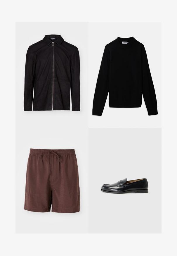 Musta mokkajakku, jossa on kaulus, täyspitkä vetoketju ja pitkät hihat. Ominaisuuksiin kuuluu sileä pinta ja minimalistinen muotoilu.; Musta neulepaita, jossa on ribbireunainen pyöreä kaula-aukko, pitkät hihat ja teksturoitu neulekuvio. Ei näkyviä logoja tai koristeita.; Ruskeat, kevyet shortsit, joissa on joustava vyötärö ja naru. Ominaisuuksiin kuuluvat sivutaskut ja sileä, hieman kiiltävä pinta.; Nahka loaferit mustana, jossa on sileä pinta, pyöreä kärki, koristeelliset tikkaus ja pieni metallikoriste edessä.