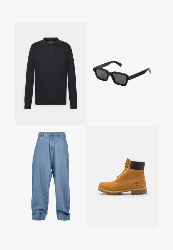 Črna pufasta jakna z zadrgo, visokim ovratnikom in elastičnimi manšetami. Ima šivane panele in logotip na levem rami.; Črna polo majica z dolgimi rokavi, izdelana iz bombaža, z ovratnikom, tremi gumbi in rebrastimi manšetami. Enostaven, klasičen dizajn.; Svijetloplave traper hlače sa širokim krojem, zatvaranjem na dugme, prednjim džepovima i manžetom, s klasičnim pet-džepnim dizajnom.; Rjave usnjene gležnjarje z metalnimi luknjami, belim krznom na notranji strani, črnima oblazinjeno ovratnikom, trdo podplatom in vtisnjenim logotipom na strani.; Črna, kvadratna sončna očala z sivimi lečami. Debeli plastični okviri vsebujejo zlate detajle in blagovno znamko na templju. Gladka tekstura.