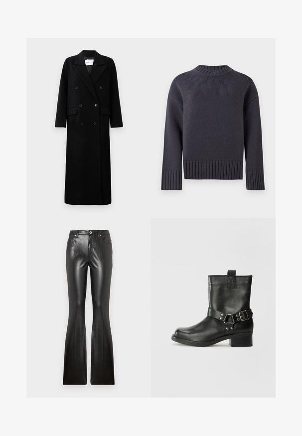 Czarny wełniany płaszcz o podwójnym zapięciu, z dużymi klapami, przednimi kieszeniami i sześcioma pasującymi guzikami. Długi, prosty krój.; Granatowy sweter z dzianiny z wysokim ściągaczem przy dekolcie oraz szerokimi ściągaczami na mankietach i dolnej krawędzi. Charakteryzuje się luźnym krojem i fakturowanym materiałem.; Czarne skórzane spodnie dzwony o gładkiej fakturze, z pięcioma kieszeniami, z przodem z zapięciem na guzik oraz dopasowanym kroju w udach.; Samsøe Samsøe SABRENTA czarny