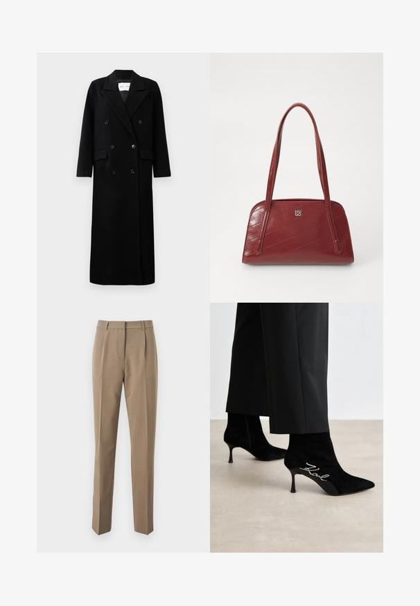Černý vlněný kabát s dvouřadým zapínáním, velkými klopami, předními kapsami a šesti odpovídajícími knoflíky. Dlouhý, rovný střih.; Gestuz MANZI ROLLNECK - Svetr - deep graphite; Hnědé kalhoty na míru vyrobené z hladké tkaniny, s rovným střihem, předními záhyby a pasem s poutky na opasek.; Černé semišové kotníkové boty s špičatou špičkou, štíhlým podpatkem a stříbrným detailem "Kowl" po straně. Hladký povrch a přiléhavý design.; Červená prošívaná kabelka vyrobená z lesklého materiálu, se dvěma dlouhými uchy a akcentem stříbrného loga. Diagonální švy vytvářejí texturu.