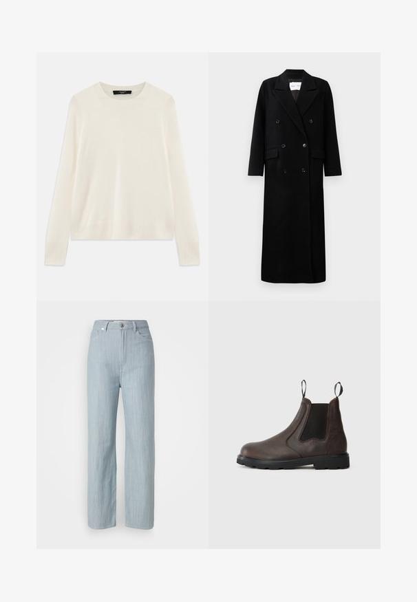Black wool coat with a double-breasted design, large notched lapels, front pockets, and six matching buttons. Long, straight cut.; Cream-colored knitted sweater with a crew neckline, long sleeves, and ribbed accents at the cuffs and hem. Soft, fine texture.; Light blue straight-leg jeans made of denim. Features five pockets, a metal button closure, and subtle whiskering for texture.; Brown leather Chelsea boot with elastic side panels, pull loops, and rubber sole featuring a treaded pattern for traction.