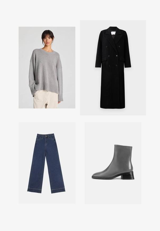 Czarny wełniany płaszcz o podwójnym zapięciu, z dużymi klapami, przednimi kieszeniami i sześcioma pasującymi guzikami. Długi, prosty krój.; Szary dzianinowy sweter o luźnym kroju, okrągłym dekolcie, prążkowanych mankietach i dolnym wykończeniu. Miękka tekstura z delikatnym wzorem dzianiny. W zestawie z jasnymi spodniami.; Jeans o szerokich nogawkach w ciemnoniebieskim dżinsie. Posiada pięć kieszeni, szlufki na pasek oraz surowy dół z widocznymi detalami szwów.; Szare skórzane botki za kostkę z zaokrąglonym noskiem i krótkim, piętą z czarnego drewna. Gładka faktura z minimalnymi detalami.