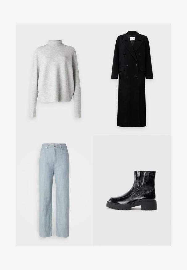 Manteau en laine noir avec un design croisé, grands revers crantés, poches avant et six boutons assortis. Coupe longue et droite.; Pull en col roulé gris clair, fabriqué en tissu doux, avec des manches longues et une coupe décontractée, présentant une texture lisse et fine.; Jean droit en denim bleu clair. Comprend cinq poches, une fermeture à bouton en métal et un léger délavage pour la texture.; Bottines noires avec une finition en cuir verni brillant, semelle en caoutchouc noir épaisse et talon surélevé ; inclut un détail de logo subtil sur le côté.