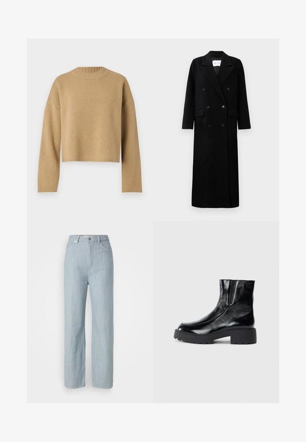 Černý vlněný kabát s dvouřadým zapínáním, velkými klopami, předními kapsami a šesti odpovídajícími knoflíky. Dlouhý, rovný střih.; Krémový zkrácený svetr s texturovaným pletením, kulatým žebrovaným výstřihem a dlouhými rukávy. Jednoduchý design bez dalších vzorů nebo kovových doplňků.; Světlé modré džíny rovného střihu z denimu. Obsahují pět kapes, kovové zapínání a jemné stárnutí pro texturu.; Černé kotníkové boty s lesklým lakovaným povrchem, robustní černou gumovou podešví a zvýšeným podpatkem; obsahují jemný logo detail na boku.