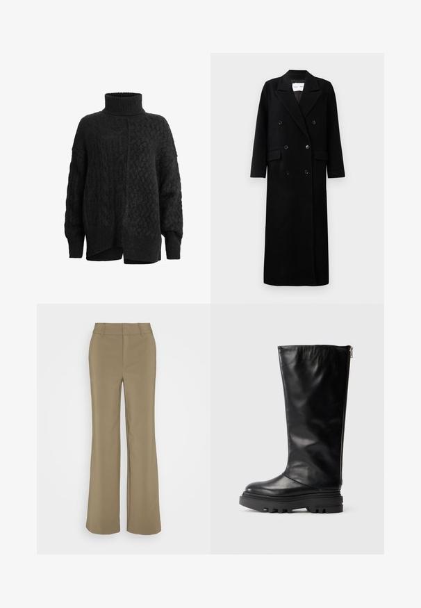 Schwarzer Wollmantel mit einem doppelt knöpfbaren Design, großen eingekerbten Revers, frontalen Taschen und sechs passenden Knöpfen. Langer, gerader Schnitt.; Schwarzer Strickpullover mit hohem Stehkragen, der ein strukturiertes Muster und überschnittene Schultern aufweist; seitliche Schlitze am Saum erhöhen den Komfort und die Passform.; Kaki weite Hosen aus glattem Stoff, mit einem gefütterten Taillenbund, geradem Schnitt und Falten in der Vorderansicht.; Schwarze Lederkniehohe Stiefel mit runder Zehenpartie, grober Gummisohle und einem seitlichen Reißverschluss zum Schließen. Glatte Textur mit minimaler Verzierung.
