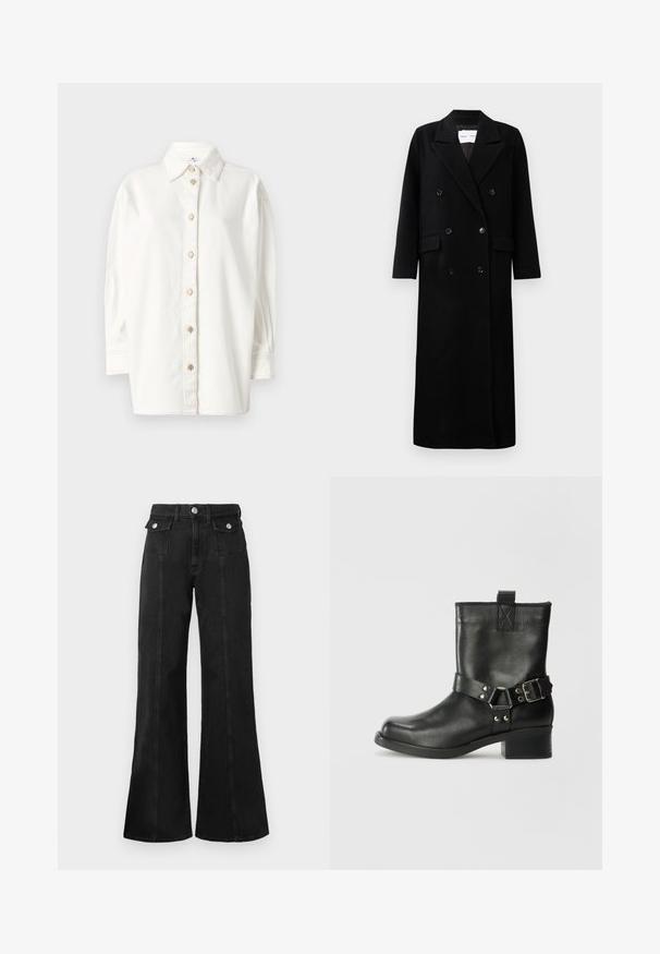 Cappotto in lana nera con design doppiopetto, ampi revers e tasche frontali, e sei bottoni coordinati. Taglio lungo e dritto.; Camicia bianca con bottoni in tessuto morbido, dotata di colletto classico, patta frontale con bottoni tondi e maniche lunghe con polsini.; Jeans flare in denim nero con vita alta, dotati di due tasche frontali, hardware in tono argento e dettagli di cucitura in evidenza sulla parte anteriore.; Samsøe Samsøe SABRENTA - Stivaletti texani / biker - black