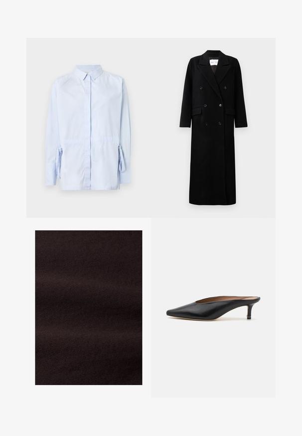 Black wool coat with a double-breasted design, large notched lapels, front pockets, and six matching buttons. Long, straight cut.; Light blue button-up shirt made of cotton fabric. Features long sleeves with ties at the wrists and a standard collar. Smooth texture.; Dark brown fabric with a smooth texture and a subtle diagonal weave pattern, exhibiting a consistent color and clean finish.; Black leather mules with a pointed toe and low, block heel. Smooth texture with a sleek design. Open back with minimal detailing.
