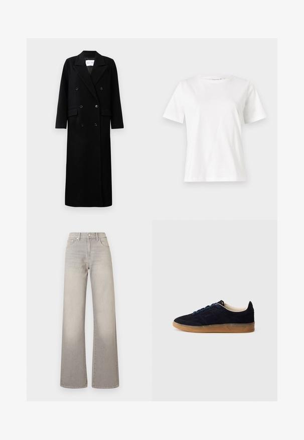 Schwarzer Wollmantel mit einem doppelt knöpfbaren Design, großen eingekerbten Revers, frontalen Taschen und sechs passenden Knöpfen. Langer, gerader Schnitt.; Weißes Baumwoll-T-Shirt mit kurzen Ärmeln, Rundhalsausschnitt und lockerer Passform. Glatte Textur, keine Muster oder Akzente, minimalistisches Design.; Graue weit geschnittene Jeans mit einem verblassten Finish, Knopfverschluss, fünf Taschen und gestickten Details entlang der Nähte.; Marineblaue Wildledersneaker mit einer gum Rubber-Sohle, blauen Schnürsenkeln und minimalistischem Design. Verfügt über ein eingeprägtes Logo an der Seite und ein glattes Innenfutter.