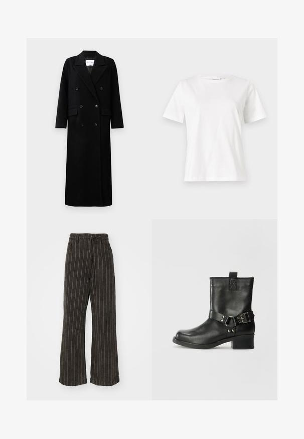 Čierny vlnený kabát s dvojradovým zapínaním, veľkými klopami, prednými vreckami a šiestimi zladenými gombíkmi. Dlhý, rovný strih.; Biela bavlnená tričko s krátkymi rukávmi, okrúhlym výstrihom a voľným strihom. Hladká textúra, bez vzorov alebo akcentov, minimalistický dizajn.; Široké nohavice z tmavosivej látky s bielymi vertikálnymi pruhmi. Majú vysoký pás a šnúrku na sťahovanie. Obsahujú bočné vrecká.; Samsøe Samsøe SABRENTA - Kovbojská/motorkárska členková čižma - black