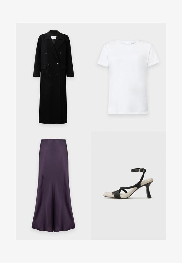 Crni vuna kaput s dvostrukim kopčanjem, velikim oštrim reverima, prednjim džepovima i šest odgovarajućih dugmadi. Dugi, ravno krojen.; Bijela kratka majica s kratkim rukavima od pamuka s dizajnom okruglog izreza. Glatka tekstura i ravni kroj, bez uzoraka ili naglaska.; Ljubičasta suknja od satena s naboranim rubom, glatke teksture i kroja koji prati liniju struka. Dizajnirana za elegantan, lepršav siluetu.; Crne sandale na visokom potpetici s dizajnom pletenih trakica, kvadratnim vrhom i podešivom trakicom oko gležnja. Svijetlosmeđi ulošci s sjajnim crnim potpeticama.