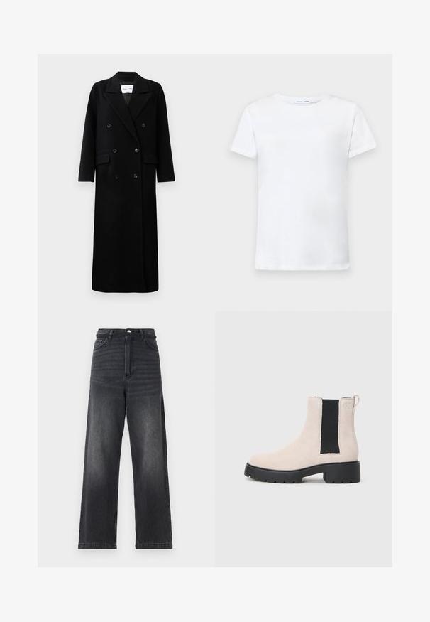 Abrigo de lana negro con un diseño de doble botonadura, grandes solapas con muesca, bolsillos delanteros y seis botones a juego. Corte largo y recto.; Camiseta blanca de manga corta hecha de algodón con diseño de cuello redondo. Textura suave y corte recto, sin patrones ni acentos.; Jeans de mezclilla negra de pierna ancha con tiro alto, que cuentan con un cierre de botón, cinco bolsillos y un ligero desvanecimiento a lo largo de las piernas.; Botín Chelsea de ante beige con panel lateral elástico negro, suela gruesa negra y lengüeta en el tobillo.