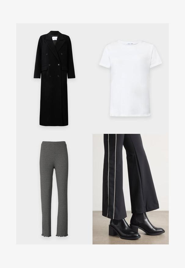 Czarny wełniany płaszcz o podwójnym zapięciu, z dużymi klapami, przednimi kieszeniami i sześcioma pasującymi guzikami. Długi, prosty krój.; Biała koszulka z krótkim rękawem, wykonana z bawełny, z okrągłym dekoltem. Gładka tekstura i prosty krój, bez wzorów czy akcentów.; Szare prążkowane dzianinowe spodnie o dopasowanym kroju, z falbaniastym wykończeniem i elastyczną talią. Charakteryzują się fakturowanym wzorem na całej powierzchni.; Czarne skórzane botki za kostkę na słupku, z elastycznymi panelami po bokach. Połączone z czarnymi spodniami z białym paskiem po boku.
