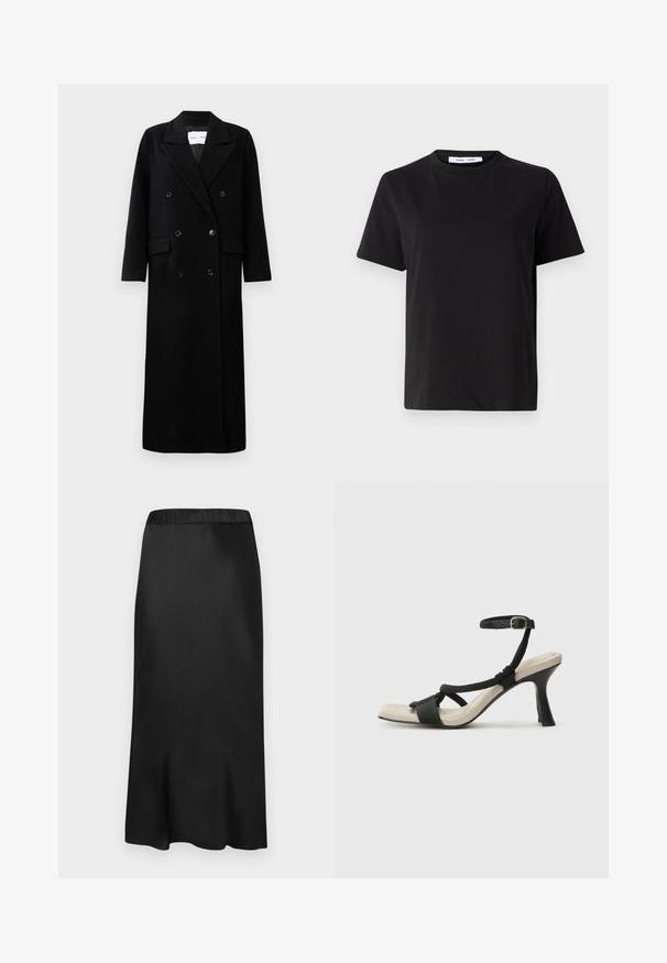 Juodas vilnonis paltas su dvigubu užsegimu, dideliais išpjovimais, priekinėmis kišenėmis ir šešiais suderintais mygtukais. Ilgas, tiesus kirpimas.; Juodas trumpas rankovės marškinėliai, pagaminti iš minkštos medvilnės, su apvaliu iškirpimu, laisvu pritaikymu ir lygiu paviršiumi. Nėra matomų raštų ar grafikos.; Juodas, satino midi sijonas su elastinga juosta. Lygus paviršius ir paprastas dizainas, šiek tiek siaurėjantis prie krašto, suteikiantis sklandžią siluetą.; Juodų aukštakulnių sandalų su pintu dirželiu dizainas, kvadratine nosimi ir reguliuojamu kulkšnies dirželiu. Šviesiai bežė padas su blizgiu juodu kulnu.