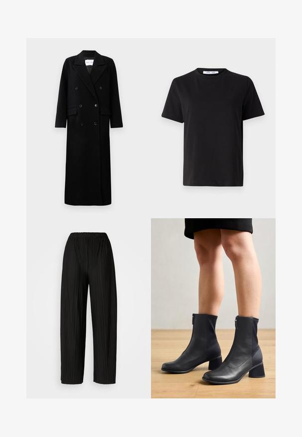 Abrigo de lana negro con un diseño de doble botonadura, grandes solapas con muesca, bolsillos delanteros y seis botones a juego. Corte largo y recto.; Camiseta negra de manga corta hecha de algodón suave, con un cuello redondo, corte relajado y una textura lisa. Sin patrones ni gráficos visibles.; Pantalones anchos de pierna amplia, de color negro, con una cintura elástica. La tela presenta pliegues verticales y una textura suave.; Botas negras hasta el tobillo con un diseño de materiales mixtos que presenta cuero suave y tejido elástico, punta cuadrada y un tacón bloque de altura media.