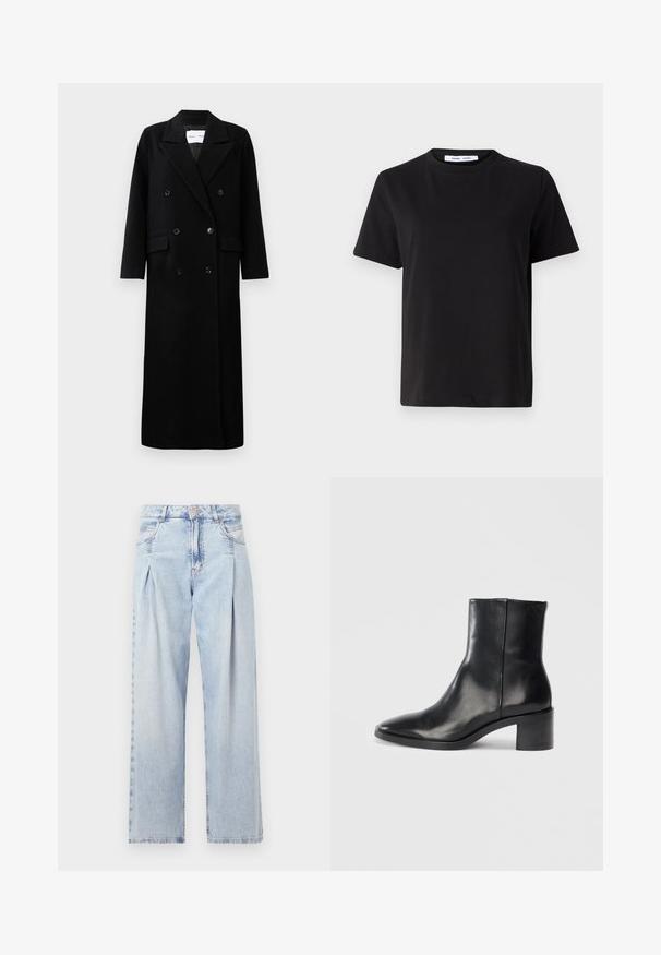 Fekete gyapjú kabát dupla melles dizájnnal, nagy, kifogott hajtókákkal, elülső zsebekkel és hat azonos gombbal. Hosszú, egyenes szabású.; Fekete, rövid ujjú póló, puha pamutból készült, kerek nyakkivágással, laza szabással és sima textúrával. Nincs látható minta vagy grafikák.; Világoskék farmernadrág magas derekú, bő szabású, két oldalsó zsebbel és pliszírozott dizájnnal. Puha tapintású, elhalványított felület.; Fekete bőr bokacsizma hegyes orral, alacsony blokk sarkával és diszkrét, dombornyomott logójával. Simább textúra elegáns dizájnnal és minimalista varrással.