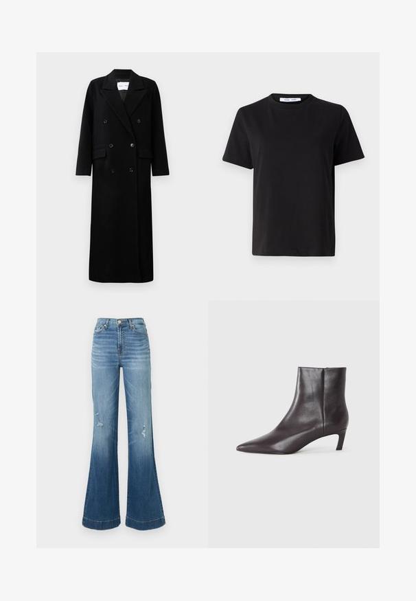 Black wool coat with a double-breasted design, large notched lapels, front pockets, and six matching buttons. Long, straight cut.; Black short-sleeve t-shirt made of soft cotton, featuring a round neckline, relaxed fit, and a smooth texture. No visible patterns or graphics.; Blue denim flared jeans with high waist, visible stitching, and distressed details near the knees. Flares widen from knee to hem.; Black leather ankle boot with pointed toe and low kitten heel, smooth finish, side zipper, shown on a neutral background.