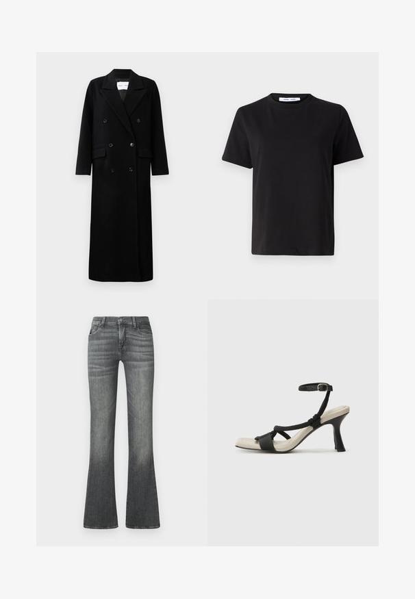 Manteau en laine noir avec un design croisé, grands revers crantés, poches avant et six boutons assortis. Coupe longue et droite.; T-shirt noir à manches courtes en coton doux, avec un col rond, une coupe décontractée et une texture lisse. Pas de motifs ni de graphiques visibles.; Jean gris évasé en denim, avec une taille mi-haute, un léger délavage et un design classique à cinq poches.; Sandale à talon noir avec un design de brides tressées, bout carré et bride de cheville réglable. Semelle intérieure beige claire avec un talon noir brillant.