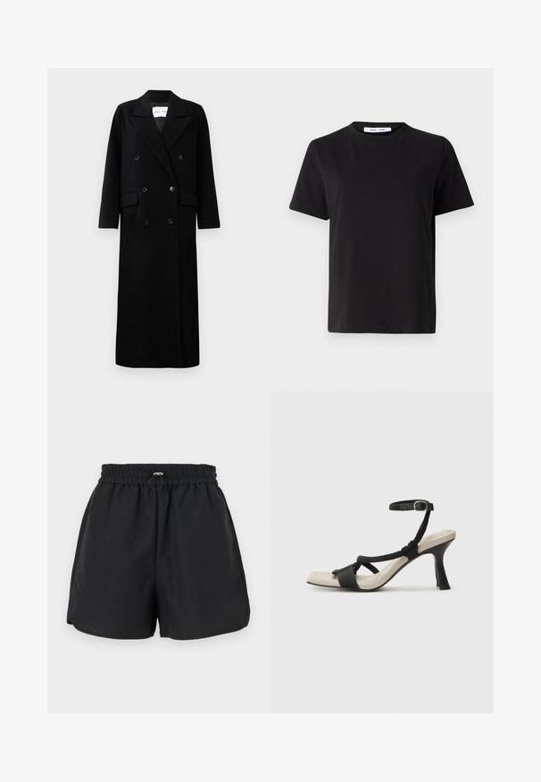 Melnas vilnas mērces ar divrindu dizainu, lieliem iekļautiem apmalei, priekšējām kabatām un sešiem atbilstošiem pogām. Garš, taisns griezums.; Melna īsām piedurknēm T-kreklu, kas izgatavots no mīksta kokvilnas, ar apļveida kakla izgriezumu, brīvu piegriezumu un gludu tekstūru. Nav redzamu rakstu vai grafikas.; Melnas šortus ar elastīgu jostu, auklu detalizāciju un sānu šķēlumiem. Izgatavoti no viegla auduma, piedāvā atbrīvotu piegriezumu.; Melnas augstpapēžu sānijas ar pinuma siksnu dizainu, kvadrātveida purngali un regulējamu potītes siksnu. Gaismas beidzamais kāju paklājiņš ar spīdīgu melnu papēdi.