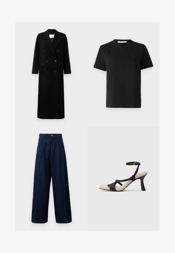 Fekete gyapjú kabát dupla melles dizájnnal, nagy, kifogott hajtókákkal, elülső zsebekkel és hat azonos gombbal. Hosszú, egyenes szabású.; Fekete, rövid ujjú póló, puha pamutból készült, kerek nyakkivágással, laza szabással és sima textúrával. Nincs látható minta vagy grafikák.; Sötétkék farmer széles lábszárú nadrág magas derékkal, pliszírozott elejével és klasszikus gombos záródással, oldalsó zsebekkel és kontrasztos varrással.; Fekete sarkú szandál fonott pánttal, négyzet alakú orral és állítható bokapánttal. Világos bézs talpbetét fényes fekete sarkával.