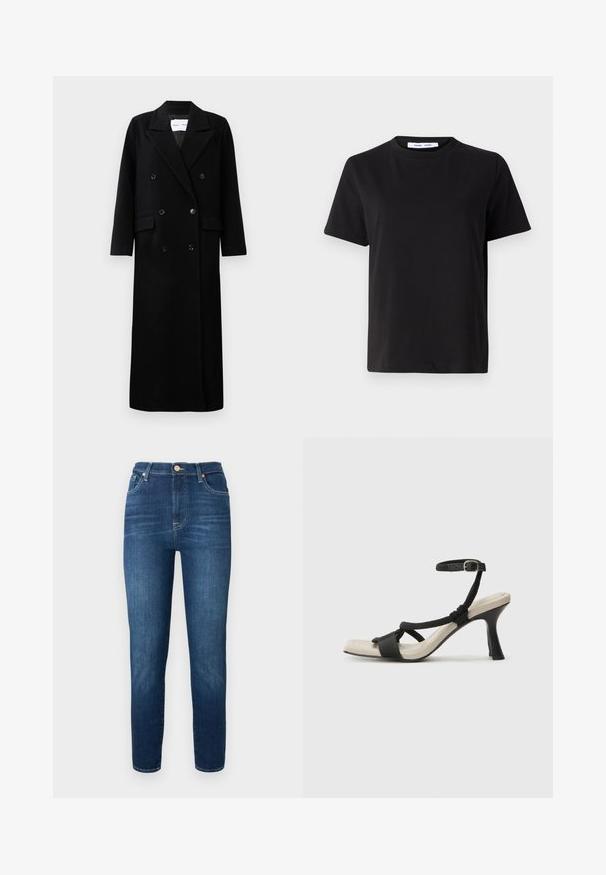 Μαύρο παλτό από μάλλινο ύφασμα με διπλή σειρά κουμπιών, μεγάλα κατώτερα πέτα, μπροστινές τσέπες και έξι κουμπιά στο ίδιο χρώμα. Μακριά, ίσια γραμμή.; Μαύρη κοντομάνικη μπλούζα φτιαγμένη από μαλακό βαμβάκι, με στρογγυλή λαιμόκοψη, άνετη εφαρμογή και απαλό υλικό. Χωρίς ορατά σχέδια ή γραφικά.; Σκούρο μπλε τζιν παντελόνι με ψηλή μέση, συρρικνωμένα πόδια και κλείσιμο με κουμπί. Διαθέτει διακριτική φθορά και χωρίς ορατά σχέδια ή στολίσματα.; Μαύρη σανδάλι με τακούνι και σχεδίαση πλεγμένης λουρίδας, τετράγωνη μύτη και ρυθμιζόμενη λουρίδα στον αστράγαλο. Ανοικτό μπεζ πέλμα με γυαλιστερό μαύρο τακούνι.