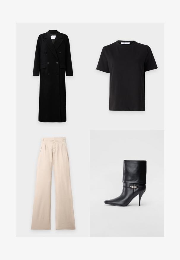 Abrigo de lana negro con un diseño de doble botonadura, grandes solapas con muesca, bolsillos delanteros y seis botones a juego. Corte largo y recto.; Camiseta negra de manga corta hecha de algodón suave, con un cuello redondo, corte relajado y una textura lisa. Sin patrones ni gráficos visibles.; Pantalones de pierna ancha beige hechos de algodón, con plisados en la parte frontal y una textura suave. El diseño incluye una cinturilla estándar y sin patrón visible.; Botín de cuero negro hasta el tobillo con punta afilada, tacón alto de aguja, puño doblado y un detalle decorativo de hebilla dorada en el tobillo.