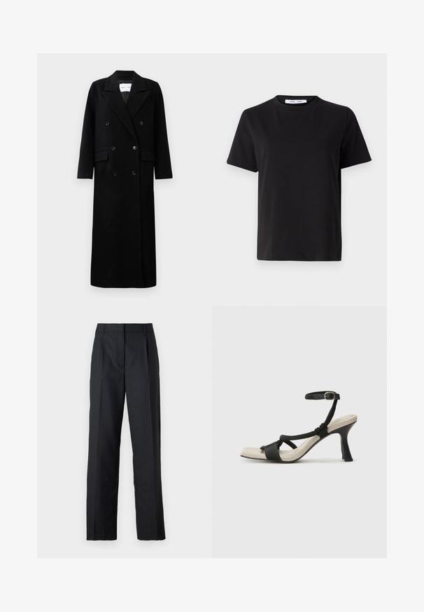 Black wool coat with a double-breasted design, large notched lapels, front pockets, and six matching buttons. Long, straight cut.; Black short-sleeve t-shirt made of soft cotton, featuring a round neckline, relaxed fit, and a smooth texture. No visible patterns or graphics.; Tailored black trousers with pinstripes, featuring a straight-leg design, pressed pleats, and traditional waistband. Smooth fabric texture.; Black heeled sandal with braided strap design, square toe, and adjustable ankle strap. Light beige footbed with a glossy black heel.