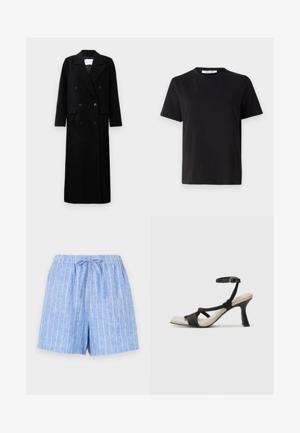 Black wool coat with a double-breasted design, large notched lapels, front pockets, and six matching buttons. Long, straight cut.; Black short-sleeve t-shirt made of soft cotton, featuring a round neckline, relaxed fit, and a smooth texture. No visible patterns or graphics.; Light blue linen shorts with white vertical stripes, an elastic waistband, and a tied drawstring at the front.; Black heeled sandal with braided strap design, square toe, and adjustable ankle strap. Light beige footbed with a glossy black heel.