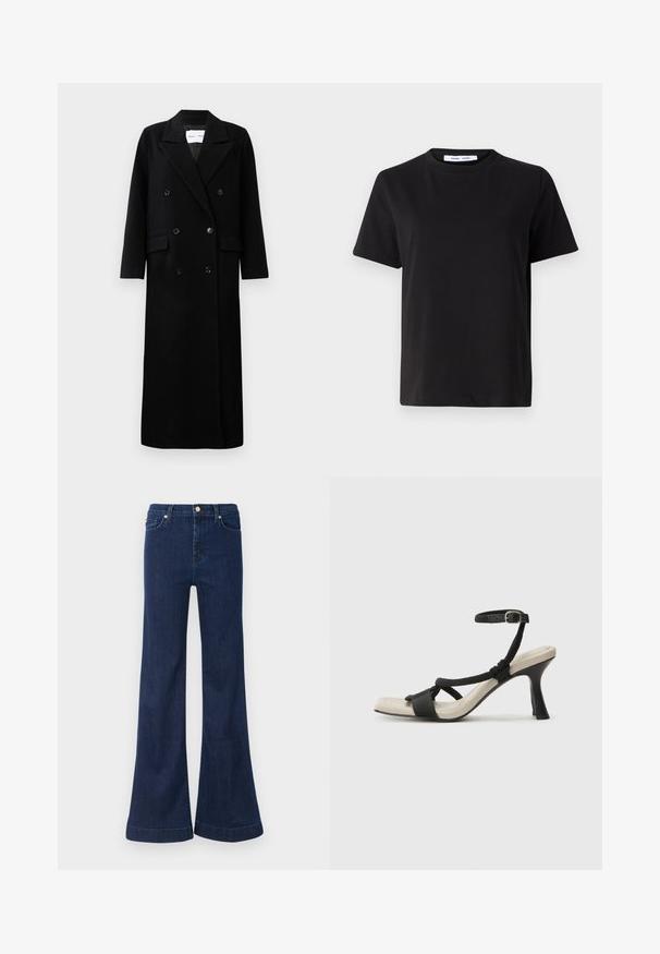 Črn volnen plašč z dvojno zapenjanjem, velikimi jopičastimi reverji, sprednjimi žepi in šestimi ujemajočimi gumbi. Dolg, raven kroj.; Črna majica s kratkimi rokavi iz mehkega bombaža, ki ima okroglo izrezovanje, udoben kroj in gladko teksturo. Brez vidnih vzorcev ali grafike.; Temno modri raztegnjeni kavbojke iz denima, z visokim pasom, diskretnim usedlinami in zlatimi dodatki na sprednjih žepih in zapiralnem mehanizmu.; Črne sandale na visoki peti z prepletenim trakom, kvadratnim nosom in nastavljivim gležnjenjem. Svetlo bež podplat z sijajno črno peto.