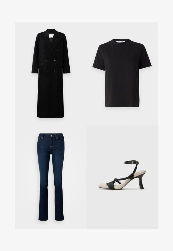 Μαύρο παλτό από μάλλινο ύφασμα με διπλή σειρά κουμπιών, μεγάλα κατώτερα πέτα, μπροστινές τσέπες και έξι κουμπιά στο ίδιο χρώμα. Μακριά, ίσια γραμμή.; Μαύρη κοντομάνικη μπλούζα φτιαγμένη από μαλακό βαμβάκι, με στρογγυλή λαιμόκοψη, άνετη εφαρμογή και απαλό υλικό. Χωρίς ορατά σχέδια ή γραφικά.; Σκούρες μπλε τζιν παντελόνες με ίσια γραμμή, διαθέτοντας μπροστινές τσέπες, κλείσιμο με κουμπί και διακριτές ραφές.; Μαύρη σανδάλι με τακούνι και σχεδίαση πλεγμένης λουρίδας, τετράγωνη μύτη και ρυθμιζόμενη λουρίδα στον αστράγαλο. Ανοικτό μπεζ πέλμα με γυαλιστερό μαύρο τακούνι.