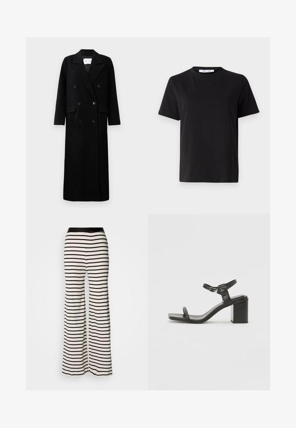Schwarzer Wollmantel mit einem doppelt knöpfbaren Design, großen eingekerbten Revers, frontalen Taschen und sechs passenden Knöpfen. Langer, gerader Schnitt.; Schwarzes T-Shirt mit kurzen Ärmeln aus weicher Baumwolle, mit rundem Ausschnitt, lockerer Passform und glatter Textur. Keine sichtbaren Muster oder Grafiken.; Gestreifte weit geschnittene Hose mit einem schwarzen Bund. Hergestellt aus leichtem Stoff mit horizontalen schwarz-weißen Streifen.; Schwarze Leder-Sandale mit Blockabsatz und einem breiten Riemen über dem Zeh sowie einem verstellbaren Knöchelriemen, die ein schlankes, minimalistisches Design aufweist.