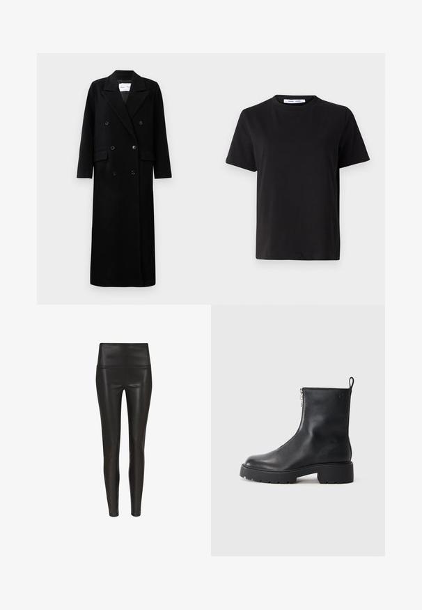 Črn volnen plašč z dvojno zapenjanjem, velikimi jopičastimi reverji, sprednjimi žepi in šestimi ujemajočimi gumbi. Dolg, raven kroj.; Črna majica s kratkimi rokavi iz mehkega bombaža, ki ima okroglo izrezovanje, udoben kroj in gladko teksturo. Brez vidnih vzorcev ali grafike.; Visoko pasne črne legice iz umetnega usnja z gladko, sijočo površino in prilegnjenim krojem, ki se zožujejo pri gležnju. Brez vidnih šivov.; Črne usnjene gležnjarje s stranskim zadrgo, zaobljenim napisom in masivnim, teksturiranim podplatom. Diskretno blagovno znamko na strani.