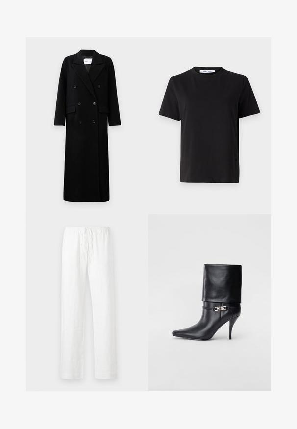 Cappotto in lana nera con design doppiopetto, ampi revers e tasche frontali, e sei bottoni coordinati. Taglio lungo e dritto.; T-shirt nero a maniche corte realizzato in morbido cotone, con scollatura rotonda, vestibilità rilassata e una superficie liscia. Nessun motivo o grafica visibile.; Pantaloni bianchi in lino con vestibilità comoda, cintura con cordino elastico e gambe diritte; tessuto liscio e leggero.; Stivale ankle in pelle nera con punta affusolata, alto tacco a stiletto, risvolto sulla caviglia e un elegante dettaglio in oro con fibbia decorativa.