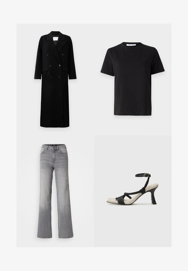 Black wool coat with a double-breasted design, large notched lapels, front pockets, and six matching buttons. Long, straight cut.; Black short-sleeve t-shirt made of soft cotton, featuring a round neckline, relaxed fit, and a smooth texture. No visible patterns or graphics.; High-waisted straight-leg gray denim jeans with front button and zipper, front and back pockets, and faded shading on thighs and calves.; Black heeled sandal with braided strap design, square toe, and adjustable ankle strap. Light beige footbed with a glossy black heel.