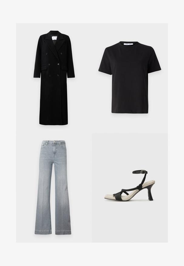 Mustat villakangastakki, jossa on kaksirivinen malli, suuret hammastetut kaulukset, etutaskut ja kuusi vastaavaa nappia. Pitkä, suora leikkaus.; Musta lyhythihainen t-paita, joka on valmistettu pehmeästä puuvillasta. Paitassa on pyöreä kaula-aukko, rento malli ja sileä pinta. Ei näkyviä kuvioita tai graafisia elementtejä.; Vaaleanharmaat, korkeat leveälahkeiset farkut denimistä. Ominaisuuksiin kuuluu viisi taskua, edessä nappikiinnitys sekä siisti helma, jossa on hienovarainen haalistuminen lahkeissa.; Mustat korkokengät, joissa on punottuolkaiminen design, neliömäinen kärki ja säädettävä nilkkahihna. Vaaleanbeige jalkapohja ja kiiltävä musta korko.