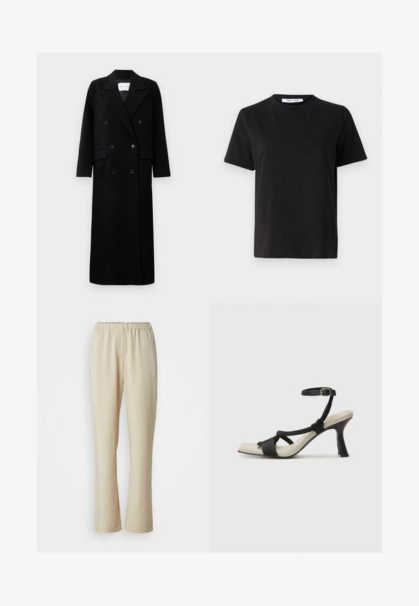 Črn volnen plašč z dvojno zapenjanjem, velikimi jopičastimi reverji, sprednjimi žepi in šestimi ujemajočimi gumbi. Dolg, raven kroj.; Črna majica s kratkimi rokavi iz mehkega bombaža, ki ima okroglo izrezovanje, udoben kroj in gladko teksturo. Brez vidnih vzorcev ali grafike.; Bež hlače iz lahkega materiala z elastičnim pasom, ravnimi nogami in gladko teksturo, brez vidnih vzorcev ali dodatkov.; Črne sandale na visoki peti z prepletenim trakom, kvadratnim nosom in nastavljivim gležnjenjem. Svetlo bež podplat z sijajno črno peto.