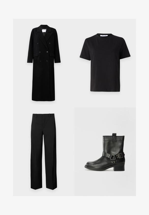 Melnas vilnas mērces ar divrindu dizainu, lieliem iekļautiem apmalei, priekšējām kabatām un sešiem atbilstošiem pogām. Garš, taisns griezums.; Melna īsām piedurknēm T-kreklu, kas izgatavots no mīksta kokvilnas, ar apļveida kakla izgriezumu, brīvu piegriezumu un gludu tekstūru. Nav redzamu rakstu vai grafikas.; Melni, plaša kāju bikses, izgatavotas no gludas, austas auduma. Izklaide ar plakanu priekšpusi, josta cilpām un sānu kabatām, lai radītu izsmalcinātu izskatu.; Samsøe Samsøe SABRENTA - Kovboju/motociklistu tipa puszābaki - black