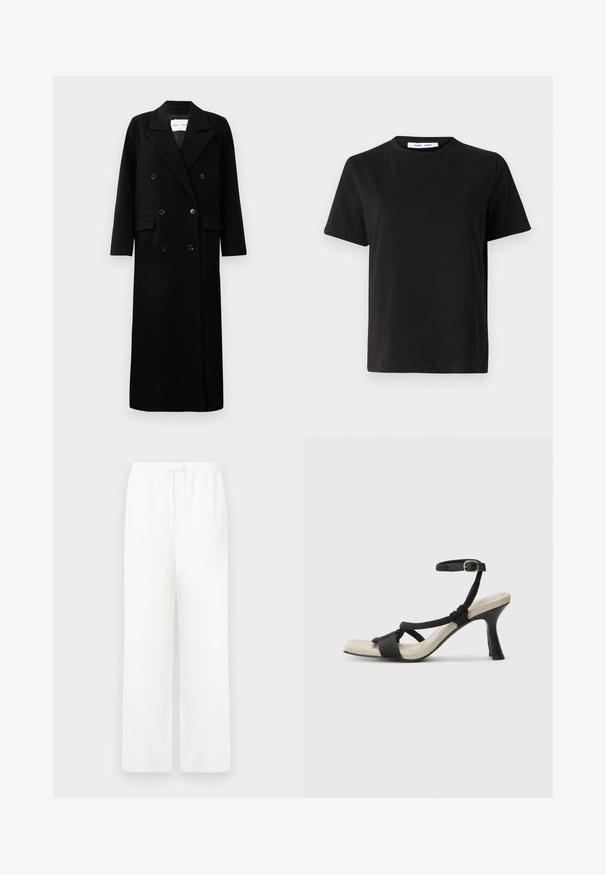 Mustat villakangastakki, jossa on kaksirivinen malli, suuret hammastetut kaulukset, etutaskut ja kuusi vastaavaa nappia. Pitkä, suora leikkaus.; Musta lyhythihainen t-paita, joka on valmistettu pehmeästä puuvillasta. Paitassa on pyöreä kaula-aukko, rento malli ja sileä pinta. Ei näkyviä kuvioita tai graafisia elementtejä.; Valkoiset, leveälahkeiset housut, jotka on valmistettu kevyestä kankaasta ja joissa on joustava vyötärö ja naru sulkeminen. Sujuva pinta, ilman näkyviä kuvioita tai metalliosia.; Mustat korkokengät, joissa on punottuolkaiminen design, neliömäinen kärki ja säädettävä nilkkahihna. Vaaleanbeige jalkapohja ja kiiltävä musta korko.