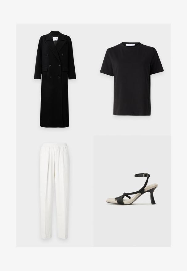 Črn volnen plašč z dvojno zapenjanjem, velikimi jopičastimi reverji, sprednjimi žepi in šestimi ujemajočimi gumbi. Dolg, raven kroj.; Črna majica s kratkimi rokavi iz mehkega bombaža, ki ima okroglo izrezovanje, udoben kroj in gladko teksturo. Brez vidnih vzorcev ali grafike.; Bela hlače z elastiko v pasu in ravnim krojem, izdelane iz mehke tkanine, z diskretnimi sprednjimi gubami za dodatno teksturo in oblikovalske detajle.; Črne sandale na visoki peti z prepletenim trakom, kvadratnim nosom in nastavljivim gležnjenjem. Svetlo bež podplat z sijajno črno peto.