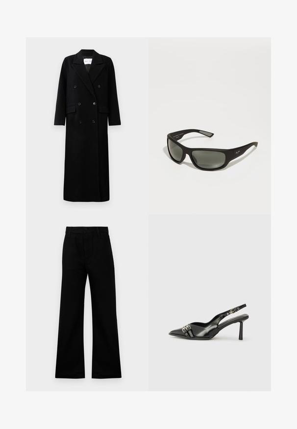 Melnas vilnas mērces ar divrindu dizainu, lieliem iekļautiem apmalei, priekšējām kabatām un sešiem atbilstošiem pogām. Garš, taisns griezums.; Melns garais piedurknes krekls ar baltām horizontālām svītrām, ribotā tekstūrā un apaļu dekoltē. Pieguļošs dizains ar taisnu apakšu.; Melni platajā kāju bikses no gludas auduma ar augstu jostasvietu, ar pogu aizdari un jostu cilpām, piedāvājot strukturētu piegriezumu.; Melnā patentēta ādas sandale ar norādītu purngalu, potītes siksniņām ar sudraba sprādzēm un aparatūru, kā arī smalku papēdi.; Melni saulesbrilles ar matētu virsmu, pelēkiem stikliem, plašu rāmi un diskrētu zīmolu sānos. Aerodinamisks dizains ar elegantiem templiem.; Melnā austā ādas rokassoma ar noapaļotām rokturiem un noņemamu, mazāku somiņu. Iezīmējas ar teksturētu virsmu un strukturētu formu.