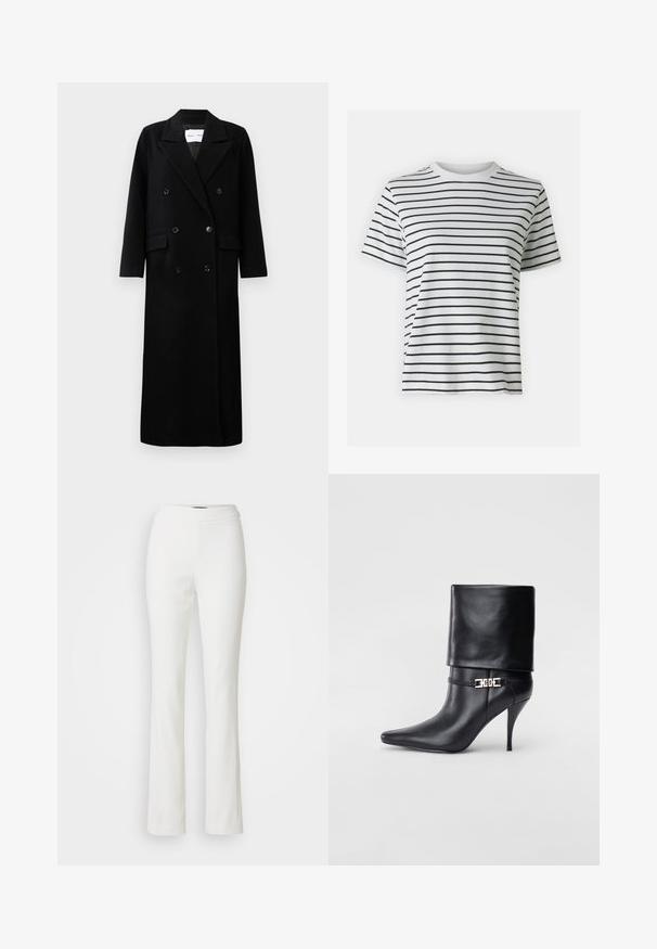 Melnas vilnas mērces ar divrindu dizainu, lieliem iekļautiem apmalei, priekšējām kabatām un sešiem atbilstošiem pogām. Garš, taisns griezums.; Balta kokvilnas T-krekls ar horizontālām melnām svītrām, īsām piedurknēm un apaļu kakla izgriezumu. Gluda tekstūra ar brīvu piegriezumu.; Baldas baltas bikses ar gludu, elastīgu audumu. Iespējas ar augstu jostasvietu un bez redzamām kabatām vai rotājumiem.; Melnas ādas potīšu zābaki ar smailu purngalu, augstu stiletto papēdi, salocītu aproci un zeltītu dekoratīvu sprādzi uz potītes.