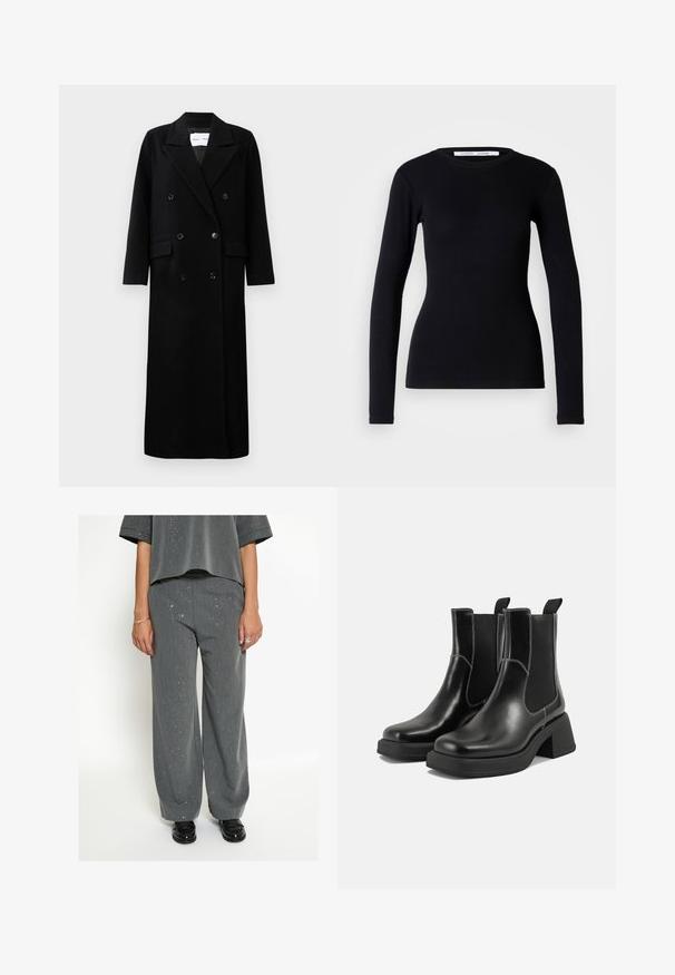 Abrigo de lana negro con un diseño de doble botonadura, grandes solapas con muesca, bolsillos delanteros y seis botones a juego. Corte largo y recto.; Top negro de manga larga hecho de tela acanalada. Presenta un escote redondo y un corte ajustado. Sin patrones ni adornos. Diseño simple.; Persona vestida con pantalones anchos grises y un top a juego con manchas, con mocasines negros, anillos de plata y pulsera, de pie frente a un fondo blanco.; Botas Chelsea de cuero negro con tacón grueso, paneles laterales elásticos y costuras en blanco que contrastan. Acabado texturizado.