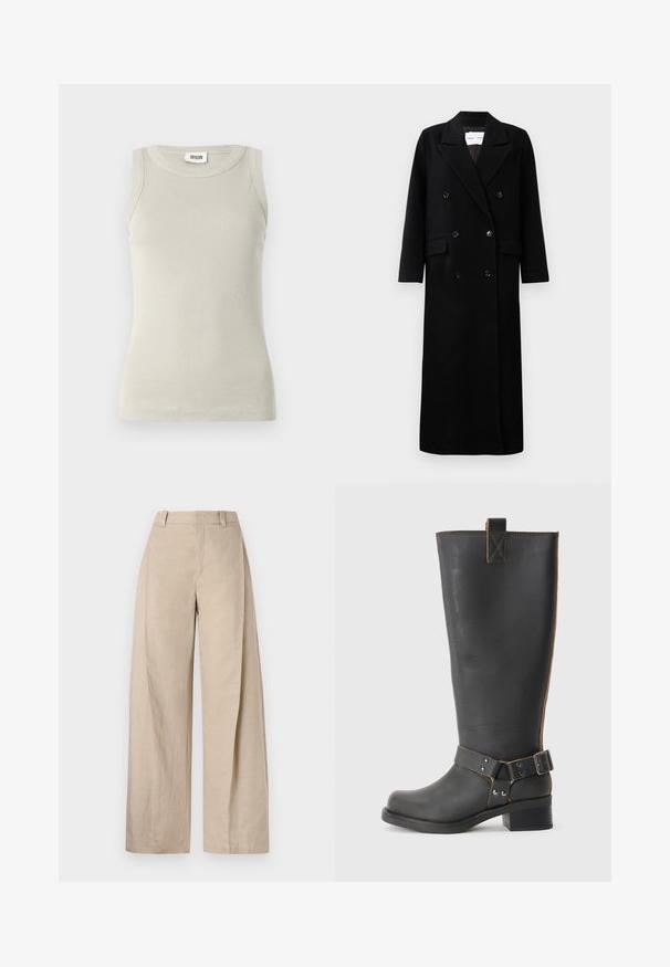 Palton negru din lână cu un design cu două rânduri de butoni, revere mari cu colțuri, buzunare frontale și șase butoane asortate. Croială lungă, dreaptă.; Top fără mâneci de culoare gri deschis, fabricat dintr-un material ribbed, cu un guler rotund și un design ajustat. Fără modele sau ornamente vizibile.; Pantaloni lejeri din in bej, cu talie înaltă, având o textură netedă și linii curate, concepuți pentru o potrivire relaxată.; Cizmă înaltă din piele neagră, cu un finisaj texturat, având un accent cu cataramă pe lateral și un toc mic. Cusături detaliate de-a lungul cusăturilor.