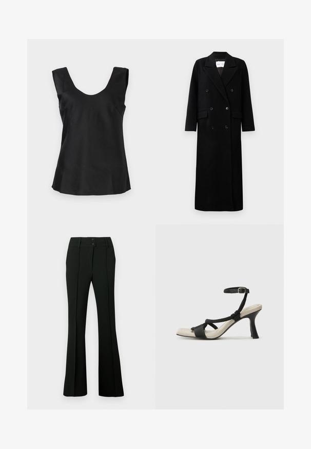Fekete gyapjú kabát dupla melles dizájnnal, nagy, kifogott hajtókákkal, elülső zsebekkel és hat azonos gombbal. Hosszú, egyenes szabású.; Fekete ujjatlan felső, lekerekített nyakkivágással, sima, enyhén fényes anyagból készült, és kihosszabbított szegéllyel rendelkezik.; Fekete, bővülő szárú nadrág, sima anyagból, magas derékkal, két gombbal és elöl hajtásokkal, amelyek szabott megjelenést kölcsönöznek.; Fekete sarkú szandál fonott pánttal, négyzet alakú orral és állítható bokapánttal. Világos bézs talpbetét fényes fekete sarkával.