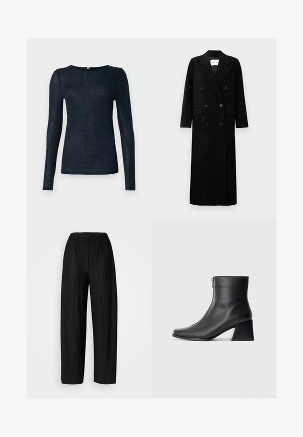 Schwarzer Wollmantel mit einem doppelt knöpfbaren Design, großen eingekerbten Revers, frontalen Taschen und sechs passenden Knöpfen. Langer, gerader Schnitt.; Langärmliges Oberteil in Dunkelblau, aus leichtem, leicht strukturiertem Stoff mit Rundhalsausschnitt und taillierter Form.; Schwarze, plissierte, weite Hosen mit einem elastischen Bund. Der Stoff hat vertikale Falten und eine glatte Textur.; Schwarze Lederstiefelette mit quadrater Zehenform, seitlichem Reißverschluss und Blockabsatz vor einem schlichten hellen Hintergrund.