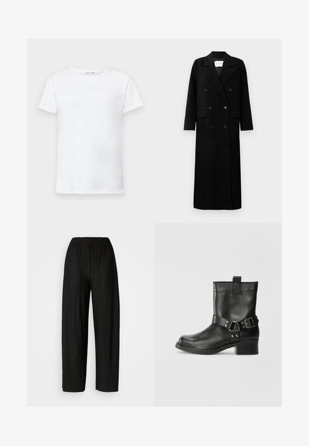 Schwarzer Wollmantel mit einem doppelt knöpfbaren Design, großen eingekerbten Revers, frontalen Taschen und sechs passenden Knöpfen. Langer, gerader Schnitt.; Weißes T-Shirt mit kurzen Ärmeln aus Baumwolle und Rundhalsausschnitt. Glatte Textur und gerader Schnitt, keine Muster oder Akzente.; Schwarze, plissierte, weite Hosen mit einem elastischen Bund. Der Stoff hat vertikale Falten und eine glatte Textur.; Samsøe Samsøe SABRENTA - Cowboy-/Bikerstiefelette - black