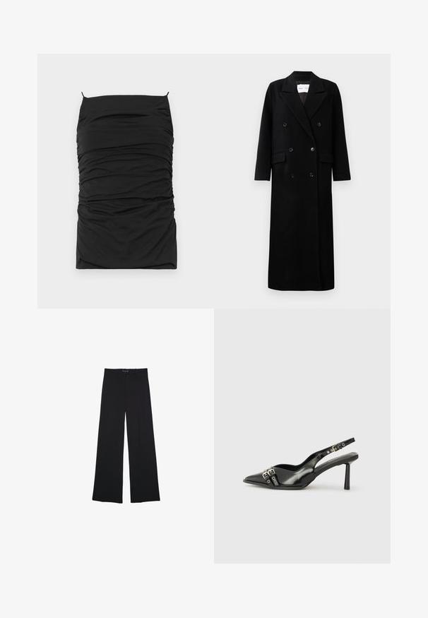 Čierny vlnený kabát s dvojradovým zapínaním, veľkými klopami, prednými vreckami a šiestimi zladenými gombíkmi. Dlhý, rovný strih.; Čierne bodycon šaty s nariadenou textúrou, s rovnou výstrihom a tenkými nastaviteľnými ramienkami. Mäkka tkanina pre pohodlie a prispôsobenie.; Čierne široké nohavice vyrobené z hladkej tkaniny. Obsahujú klasický strih, predné vrecká a pás s uzáverom na gombík.; Čierne lakované kožené slingback topánky s špicatou špičkou, remienkami okolo členku s striebornými prackami a hardvérom, a štíhlým podpätkom.